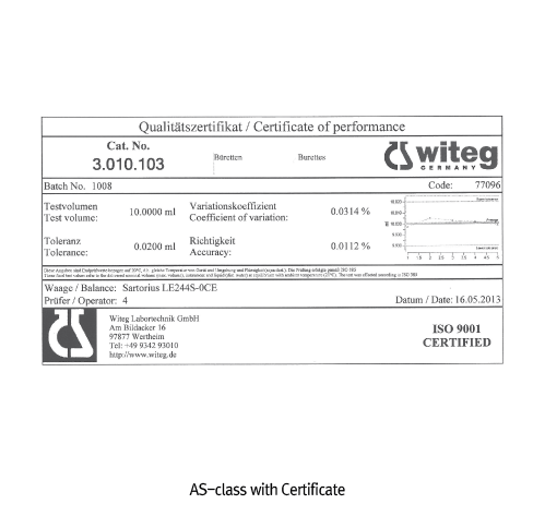 “witeg” AS-Class PTFE Plug Burette, with Conformity Certified  AS급 PTFE Plug 뷰렛